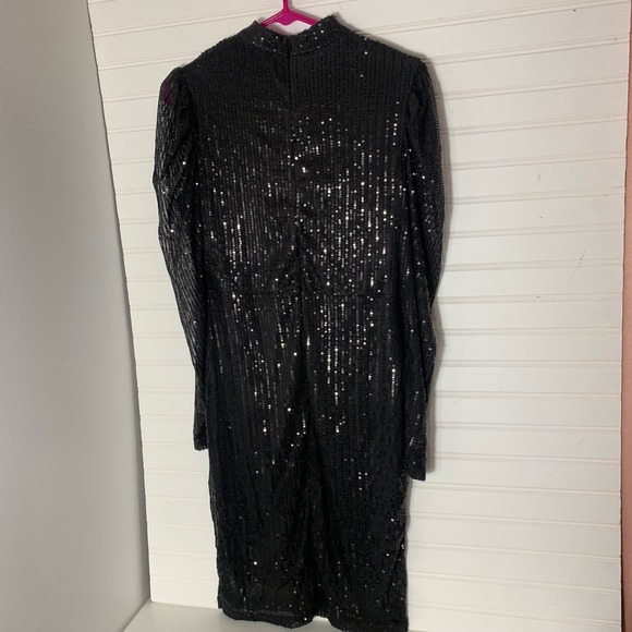 Mabell Black Sequin Mock Neck Long Sleeve Midi Dress Womens Size M - Picture 4 of 4